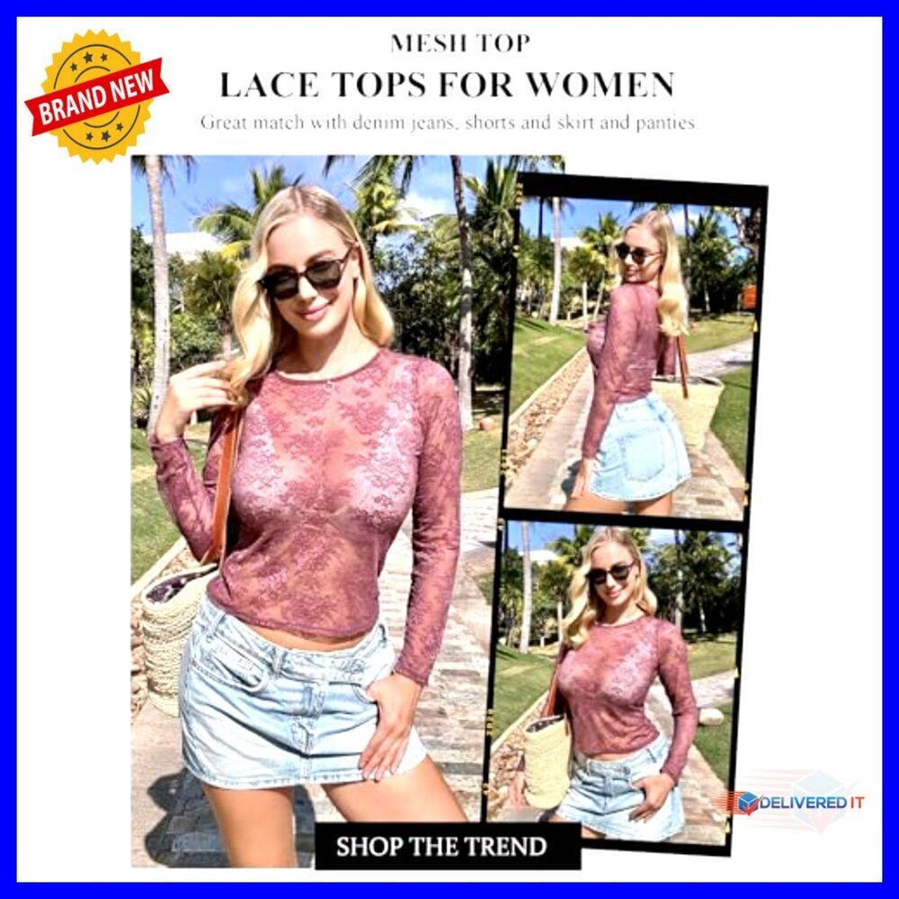 Long Sleeve Sheer Mesh Lace Blouse Crew Neck Floral See Through Top - Picture 4 of 7